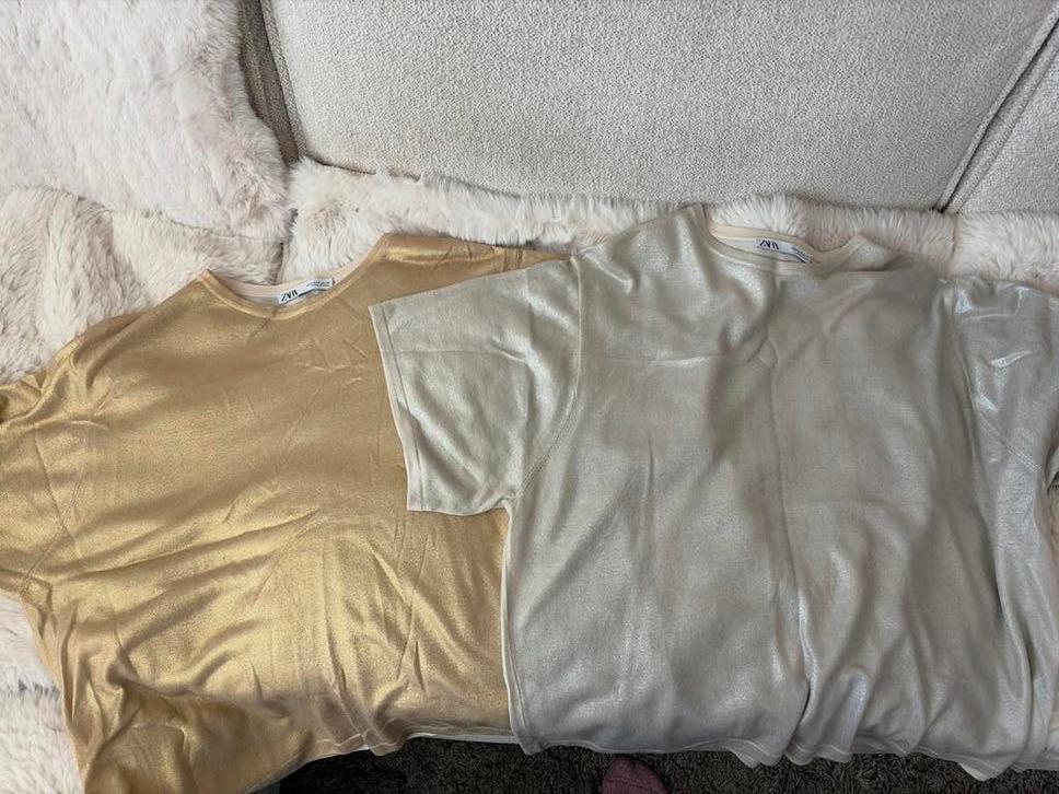 Zara Gouden en Beige Ruimvallende T-shirts  - Ongedragen, Kleding | Dames, Tops, Nieuw, Maat 36 (S), Beige, Lange mouw, Ophalen of Verzenden