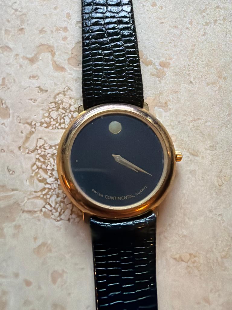 Vintage Movado Swiss Continental Quartz Horloge - Zwart/Goud, Ophalen of Verzenden, Zo goed als nieuw, Leer, Overige merken