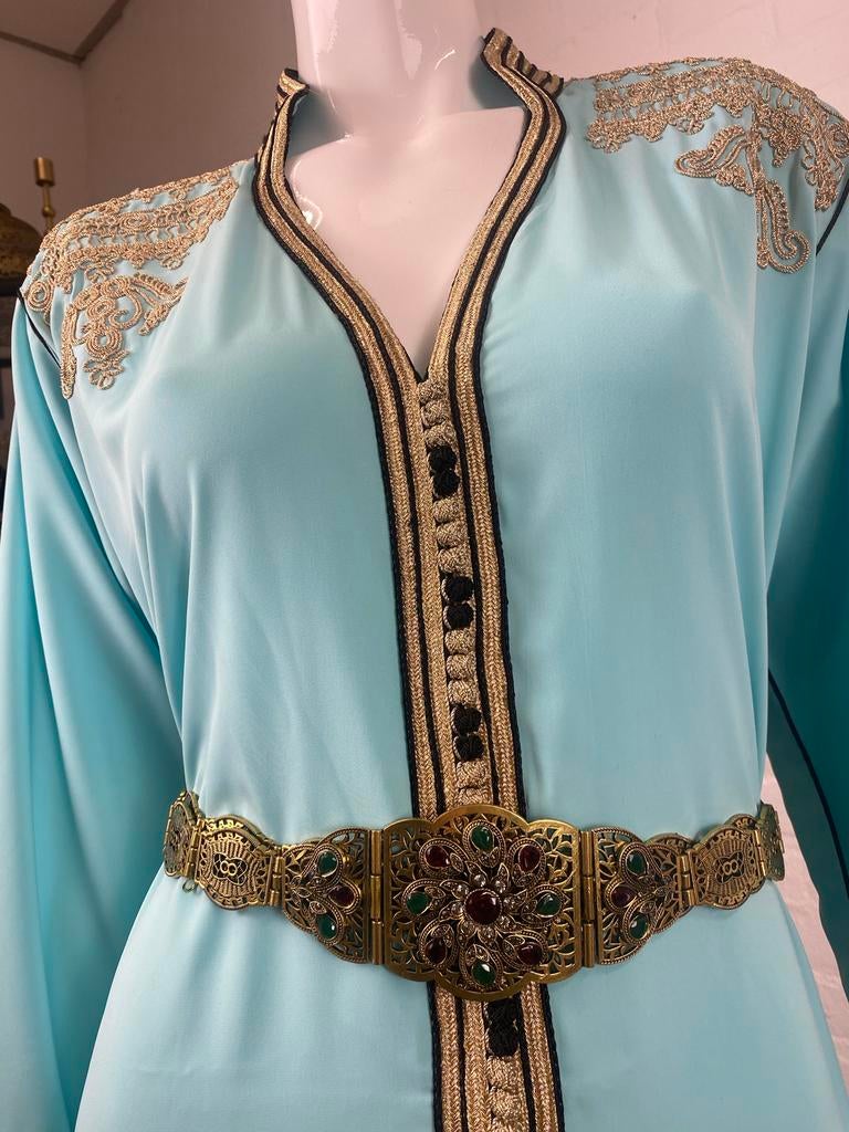 Luxe Marokkaanse Kaftan Mintgroen Goud Borduurwerk & Riem, Overige typen, Nieuw, Groen, Ophalen