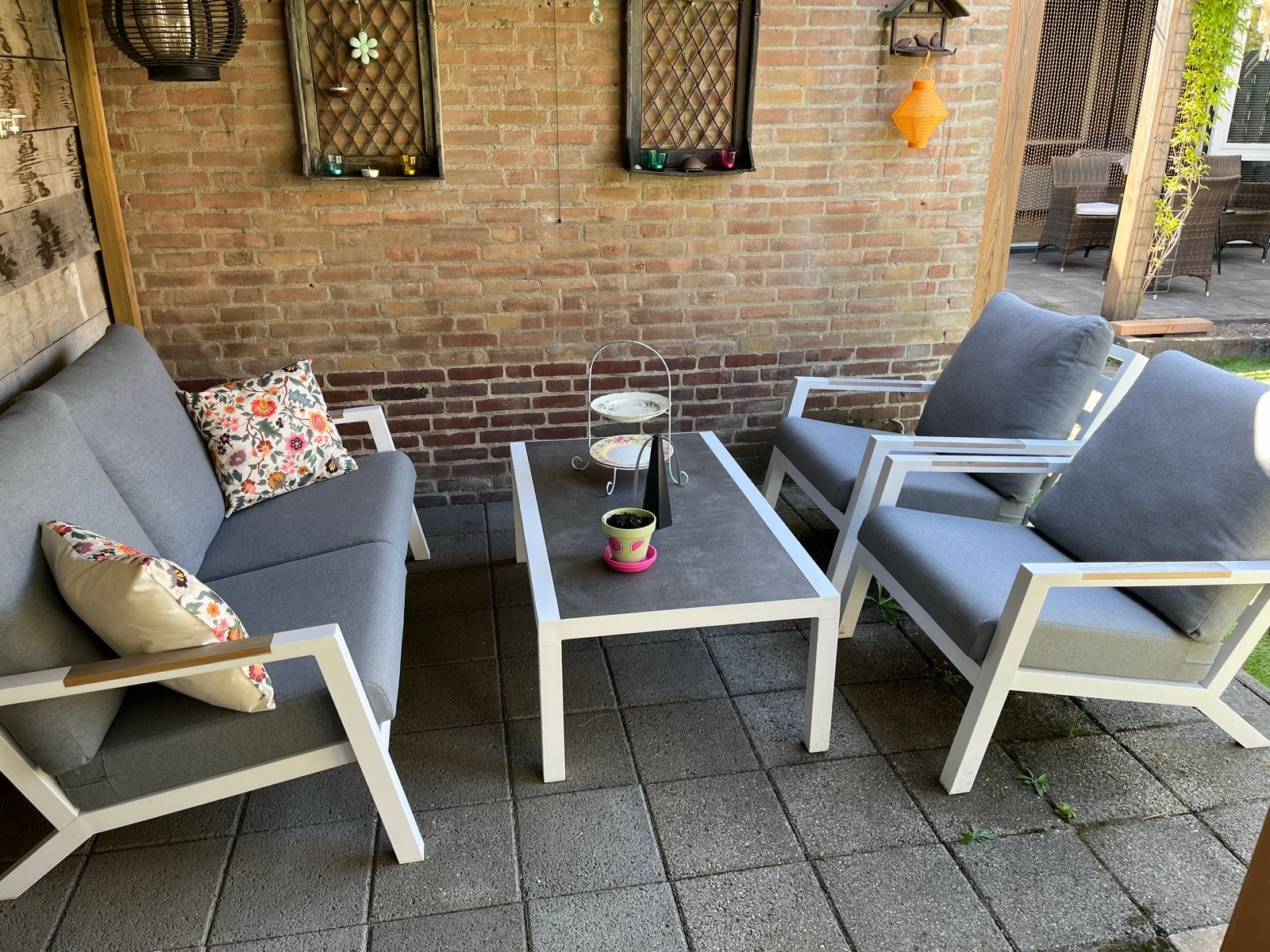 Luxe aluminium tuinset met stenen tafelblad - Zo goed als ni, Tuin en Terras, Tuinsets en Loungesets, Ophalen, Eettafel, Aluminium