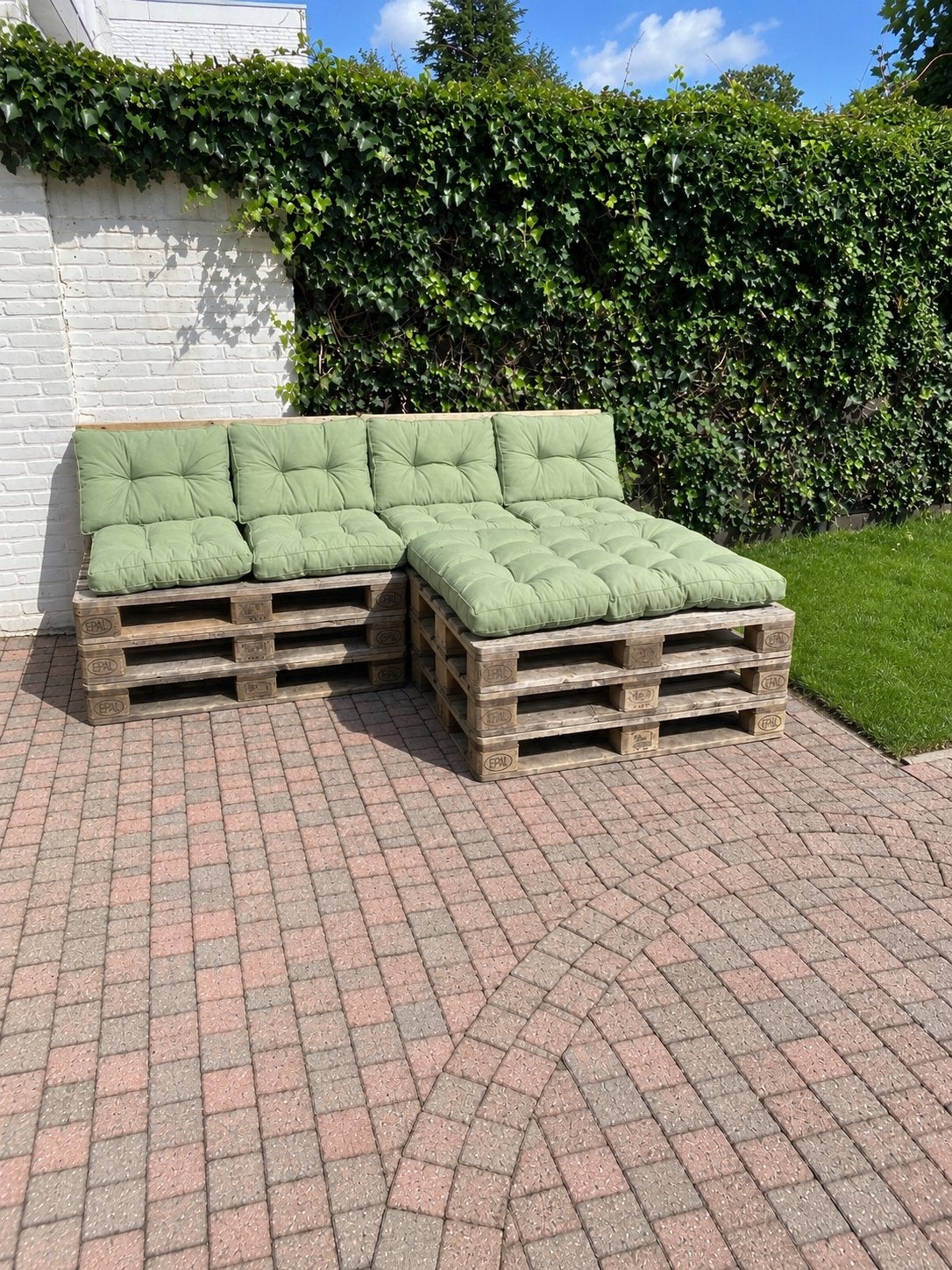 Pallet loungeset met kussens, Tuin en Terras, Ophalen, 5 zitplaatsen, Gebruikt, Loungeset