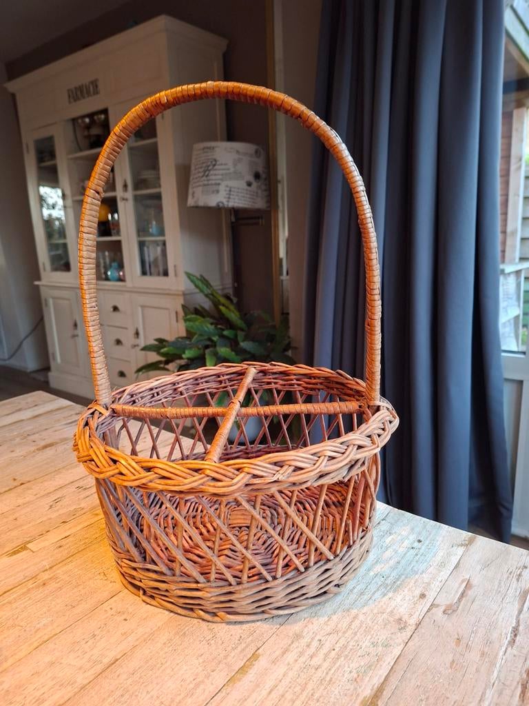  Vintage Rieten Flessenmand / Wijnmand – 4-vaks, Gebruikt, Mand, Rond, Ophalen of Verzenden