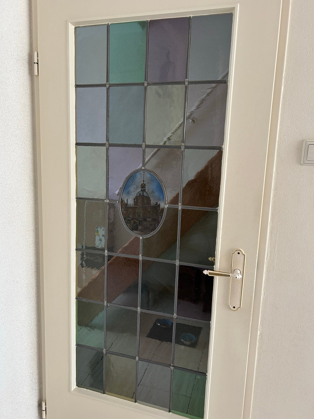 Prachtige Glas in lood deur met uniek stadsgezicht, Ophalen, Gebruikt, 80 tot 100 cm, Binnendeur