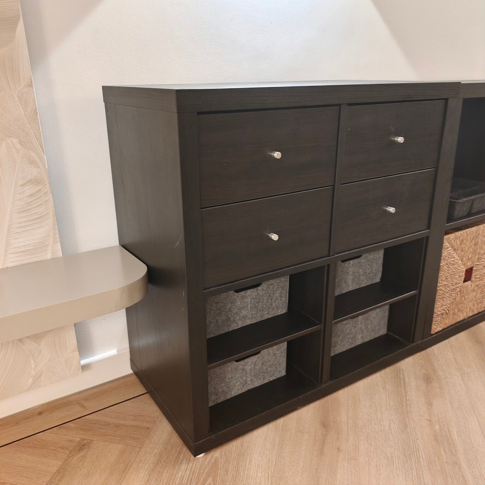 2x IKEA KALLAX 2x2 zwartbruin incl. lades, inzetstukken, Ophalen, Gebruikt, 50 tot 100 cm, Met lade(s)