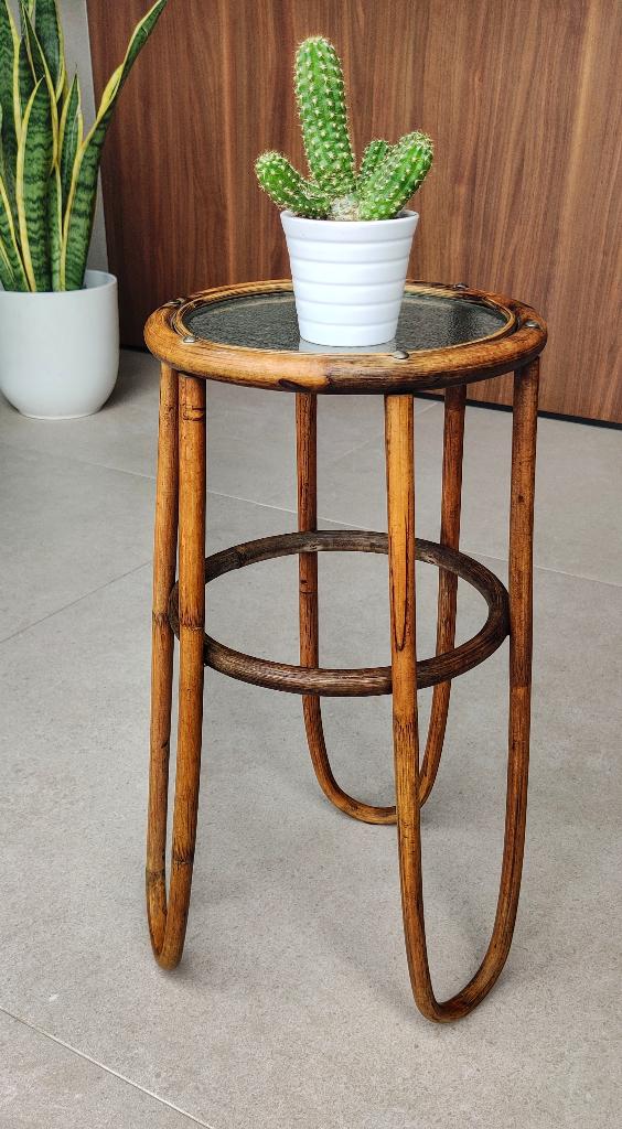Prachtige vintage rotan bijzettafel / plantentafel, Huis en Inrichting, Tafels | Bijzettafels, Minder dan 55 cm, Boho, Rond, Ophalen of Verzenden