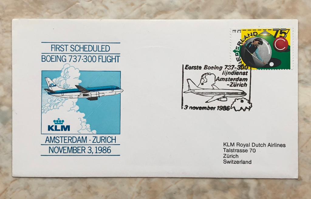 KLM 1e Boeing 737 lijndienst A’dam-Zurich  3 nov 1986., Verzenden, Envelop
