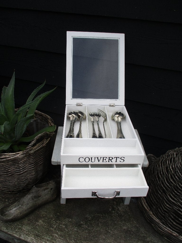 brocante witte  bestekdoos met deksel en laatje, Antiek en Kunst, Ophalen of Verzenden