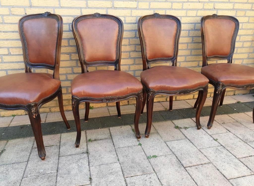 4 Lodewijk eetkamerstoelen - Leer en Hout, Antiek en Kunst, Ophalen