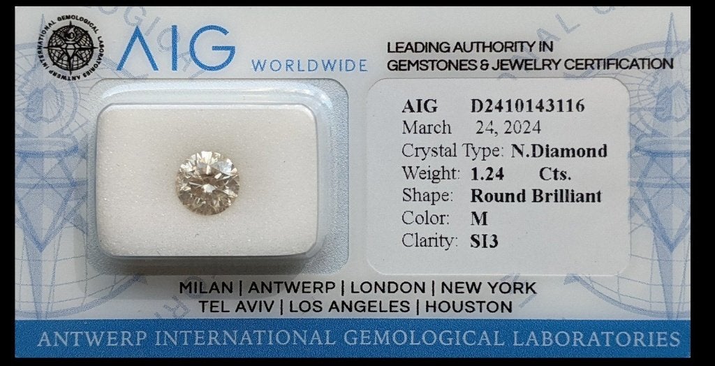 Natuurlijke Diamant 1,24 ct – Rond Briljant – Gecertificeerd, Ophalen of Verzenden, Zo goed als nieuw