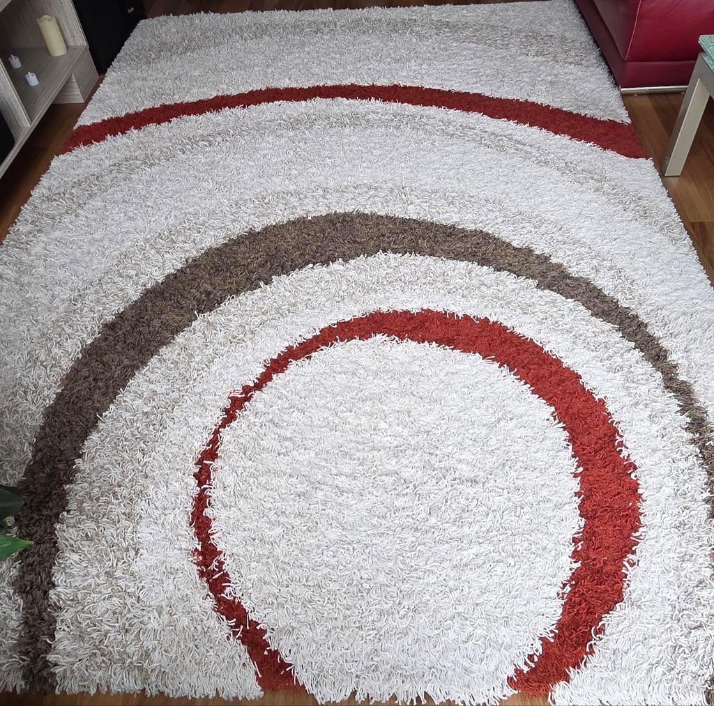 Wit vloerkleed met bruine en rode cirkels, Ophalen, Bruin, Rechthoekig, 200 cm of meer