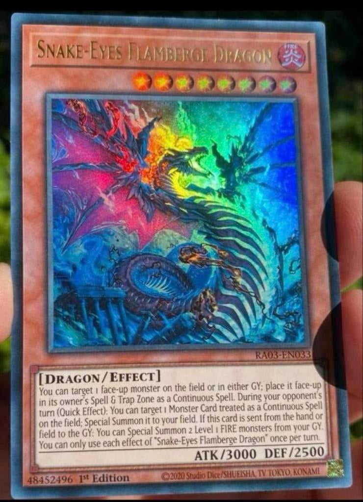 Yu-Gi-Oh! Snake Eyes Flamberge Dragon RA03 1st M/NM !, Ophalen of Verzenden, Zo goed als nieuw, Losse kaart, Foil
