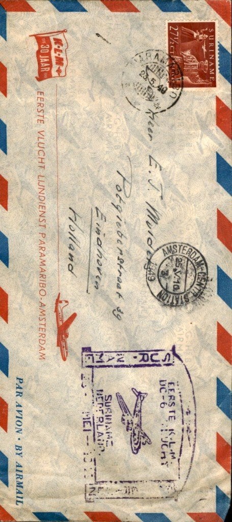 KLM - FDC - Suriname-Amsterdam 1949, Postzegels en Munten, Brieven en Enveloppen | Nederland, Verzenden, Envelop