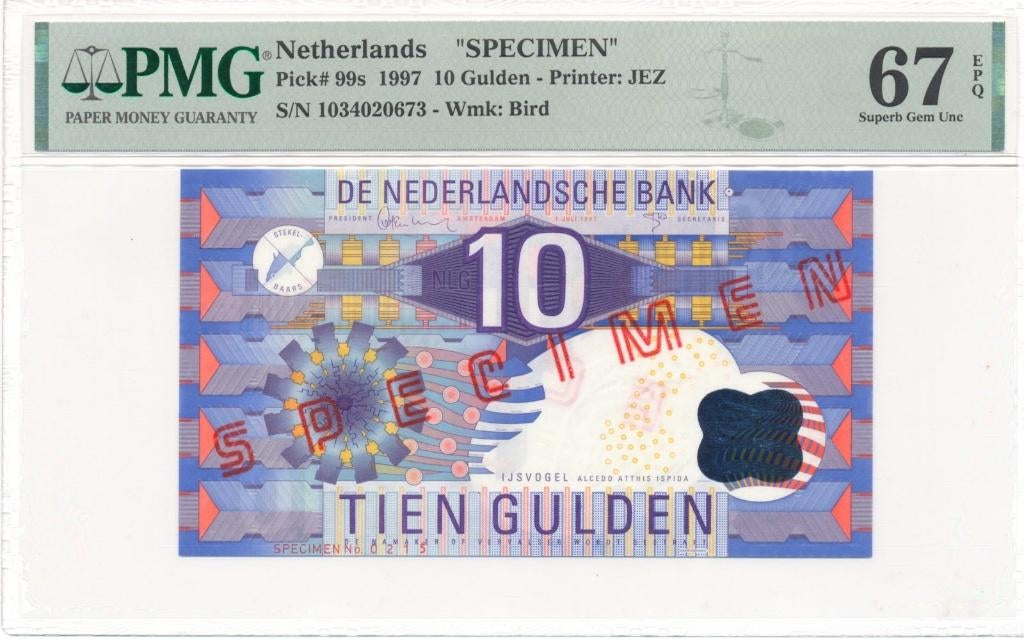 Nederland 10 Gulden 1997 ijsvogel Specimen PMG67 EPQ, Postzegels en Munten, Ophalen of Verzenden, 10 gulden