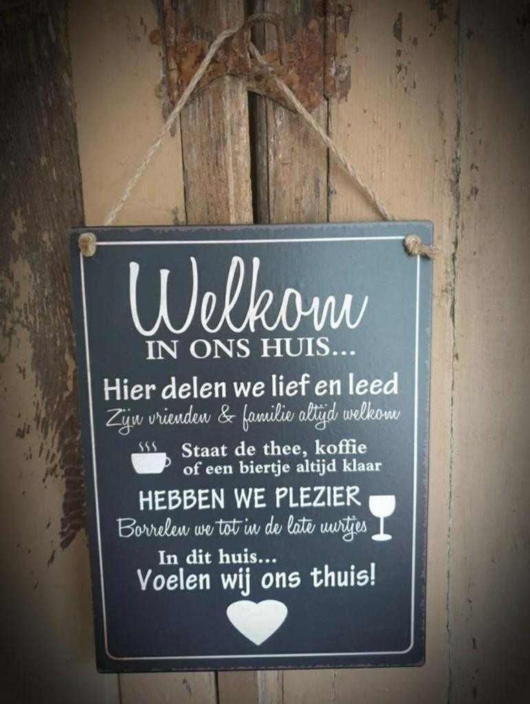 Metalen tekst bord "Welkom in ons huis" zwart - spreuk, Ophalen of Verzenden, Nieuw