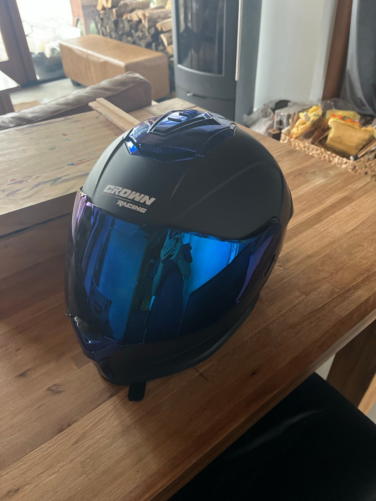 Crown Racing F-700 Motorhelm met Blauw Vizier, Ophalen of Verzenden, Tweedehands, Heren, Overige typen