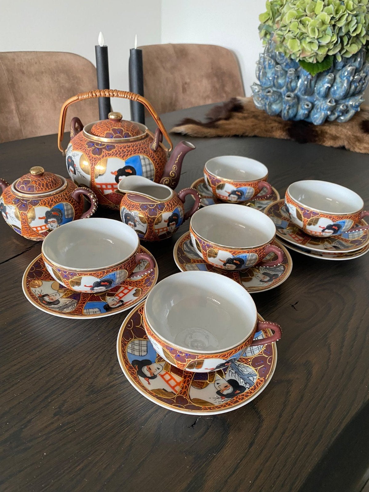 Antiek Satsuma theeservies met Geisha logo, Ophalen