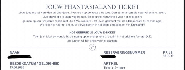 1 TICKET 12+ Phantasialand 13/6/2026, Tickets en Kaartjes, Recreatie | Pretparken en Attractieparken, Eén persoon, Ticket of Toegangskaart