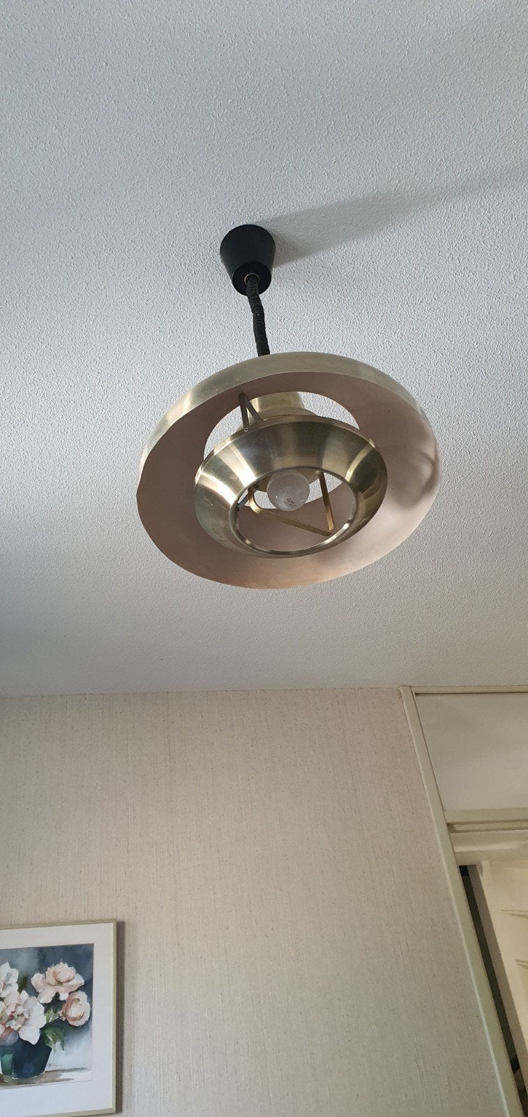 Vintage plafondlamp messing look, Gebruikt, Vintage, Retro, Industrieel, Metaal, E27 (groot)
