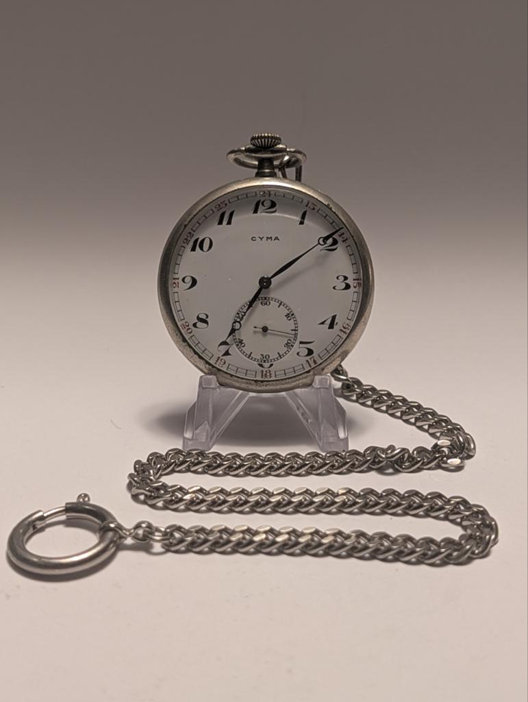 Antiek Cyma Zakhorloge met Ketting - Zilverkleurig, Overige merken, Overige materialen, Zakhorloge, 1900 tot 1930