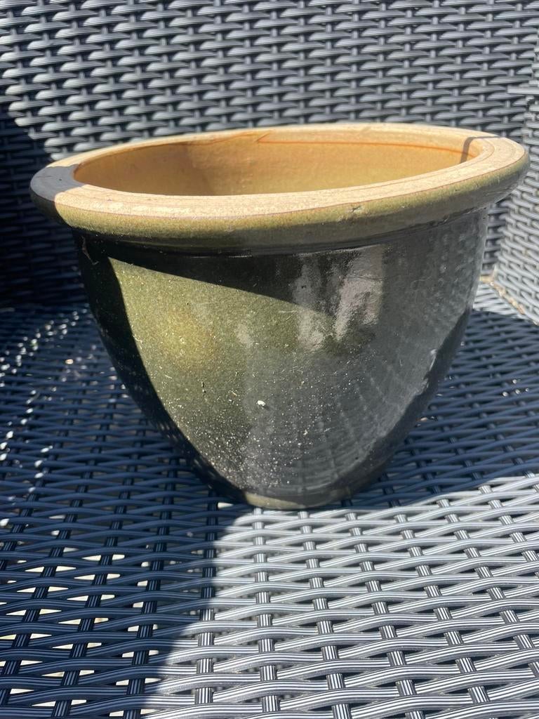 Terracotta bloempot groen vintage, Ophalen of Verzenden, Rond, Minder dan 25 cm, Minder dan 40 cm
