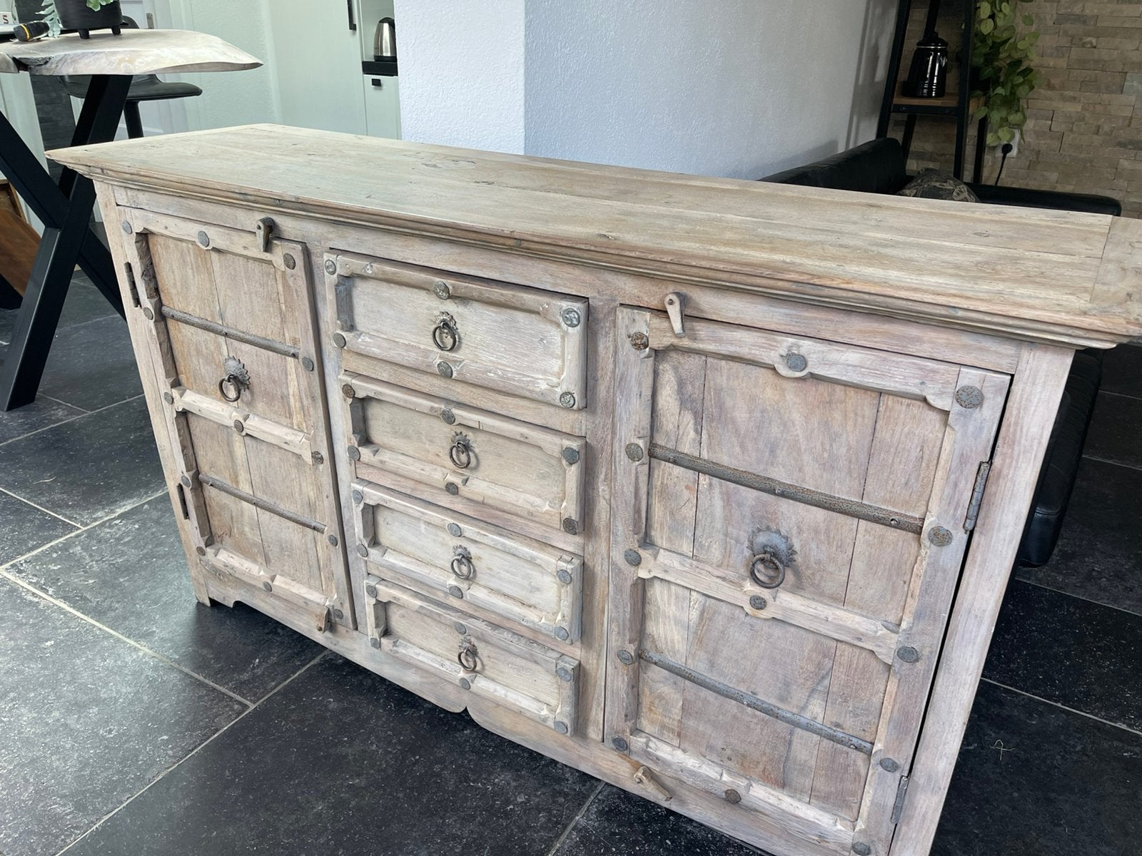 Dressoir massief teak hout, handgemaakt, white washed., Ophalen, 150 tot 200 cm, Zo goed als nieuw, 25 tot 50 cm