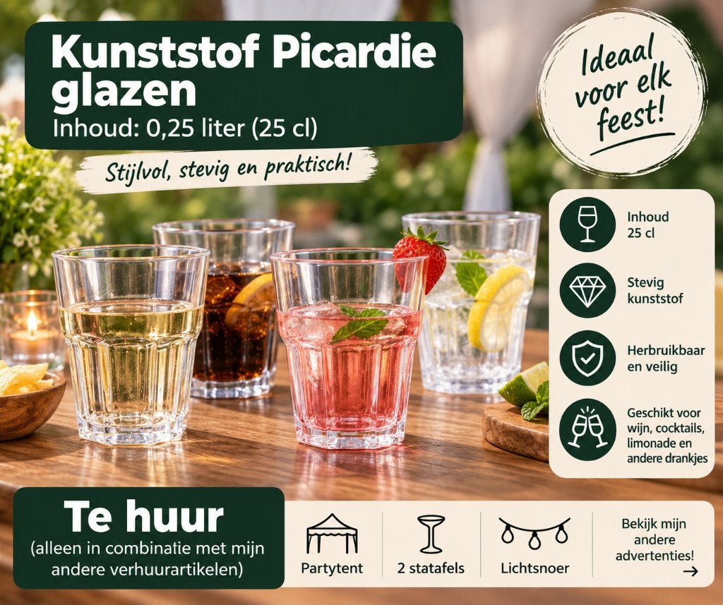 TE HUUR: Kunststof wijnglazen / Picardie glazen, Ophalen of Verzenden, Zo goed als nieuw, Overige typen