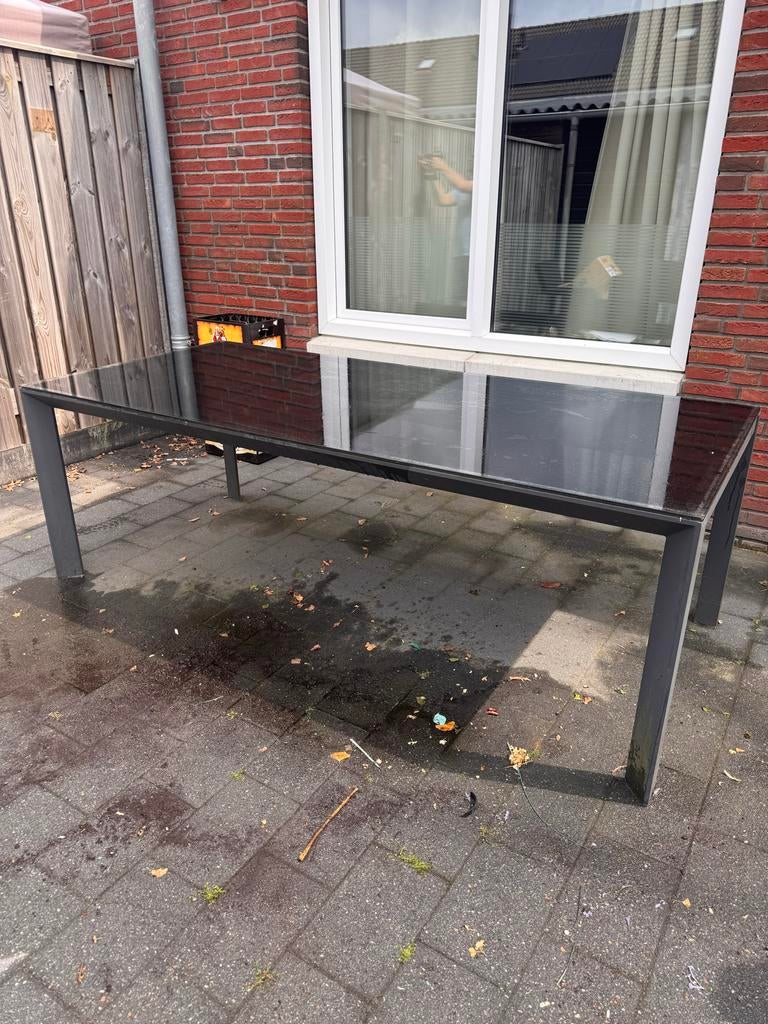 Grote tuintafel met glazen blad - 220x100x75 cm, Huis en Inrichting, Tafels | Eettafels, Ophalen, Gebruikt, 200 cm of meer, 50 tot 100 cm