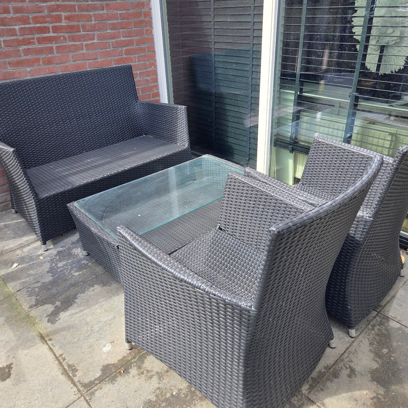 Rotan Tuinset Zwart zonder Kussens, Ophalen, 4 zitplaatsen, Gebruikt, Bank