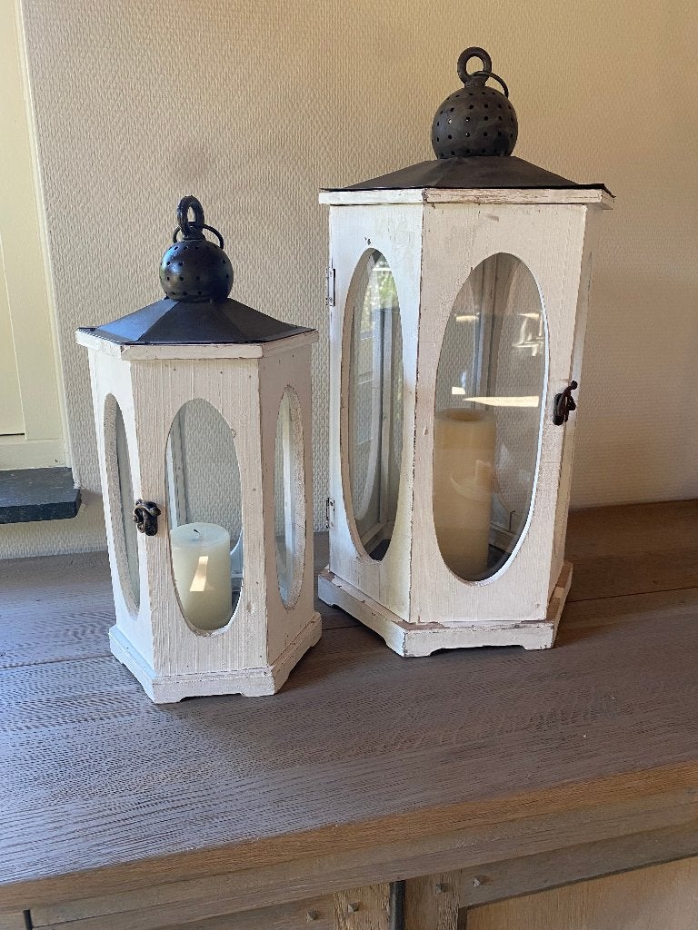 2 houten windlichten / lantaarns (Landelijk / Shabby Chic), Ophalen, Gebruikt, Lantaarn, Wit