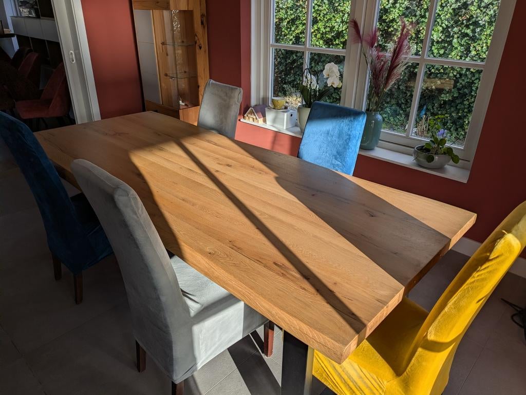 Eetkamerstoelen blauw geel grijs, Leer, Gebruikt, Blauw, Ophalen of Verzenden