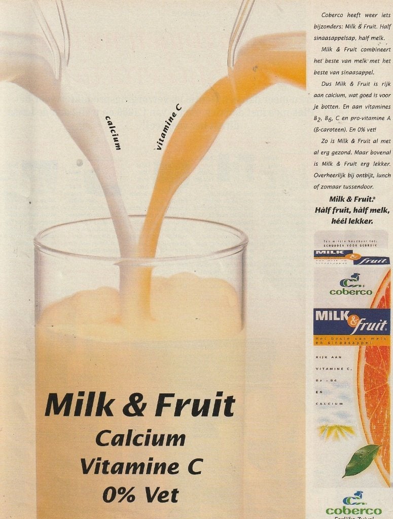 retro reclame 1996 Coberco milk & fruit zuivel half melk, Verzenden, Overige typen