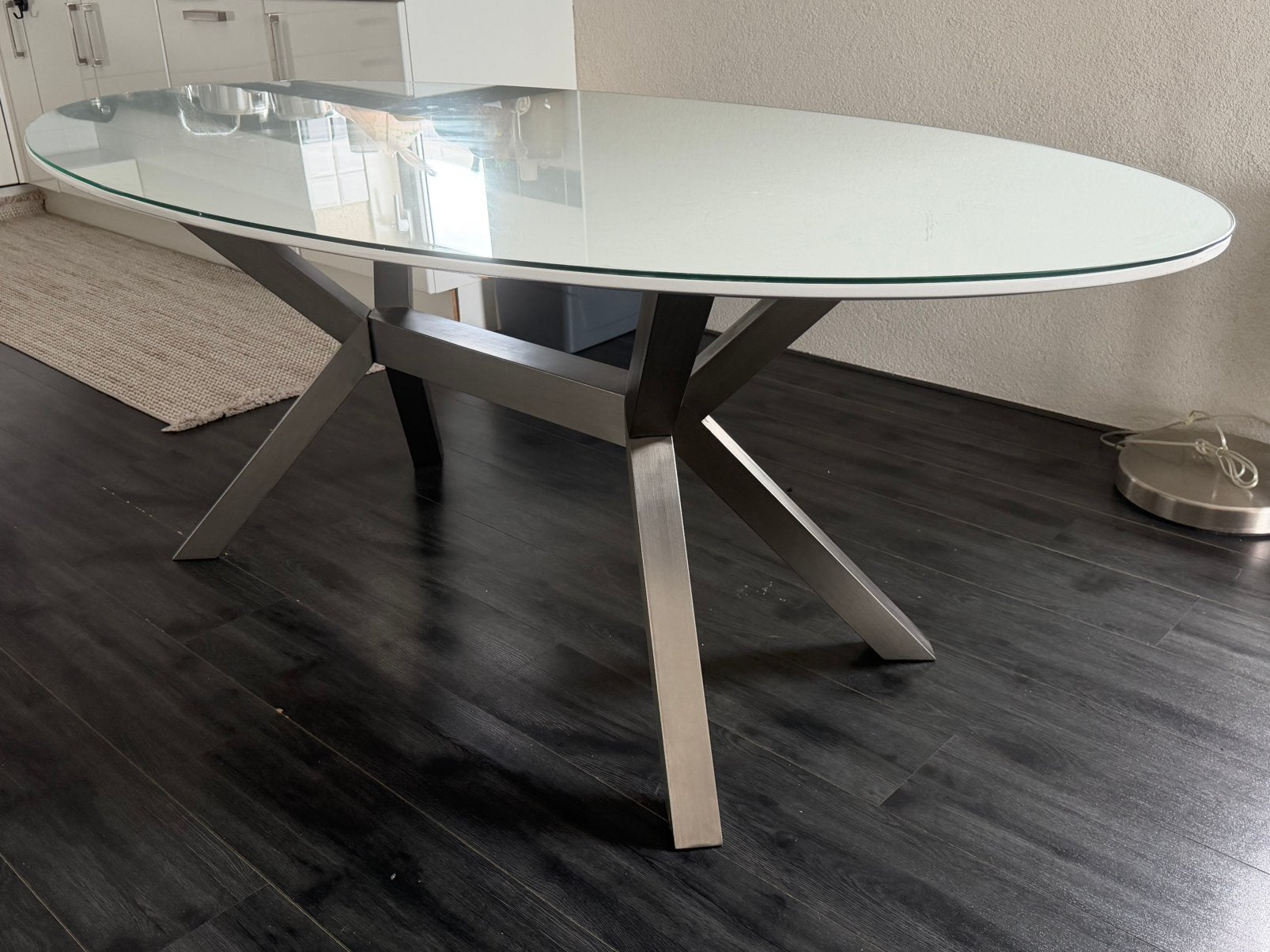 Hoogglans eettafel met glasplaat, Ophalen, Overige materialen, 200 cm of meer, 50 tot 100 cm