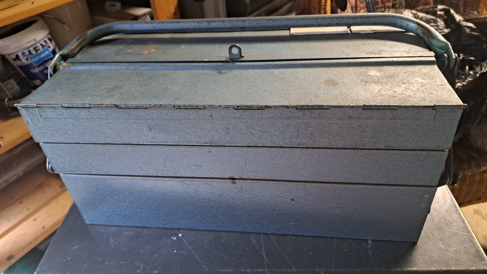 Vintage metalen gereedschapskist met uitschuifbare vakken, Ophalen