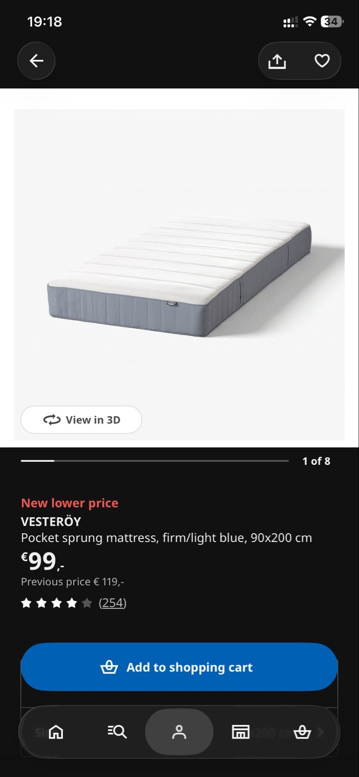 IKEA Vesteröy pocketvering matras 90x200 cm - zo goed als ni, Ophalen, 90 cm, Eenpersoons, Zo goed als nieuw