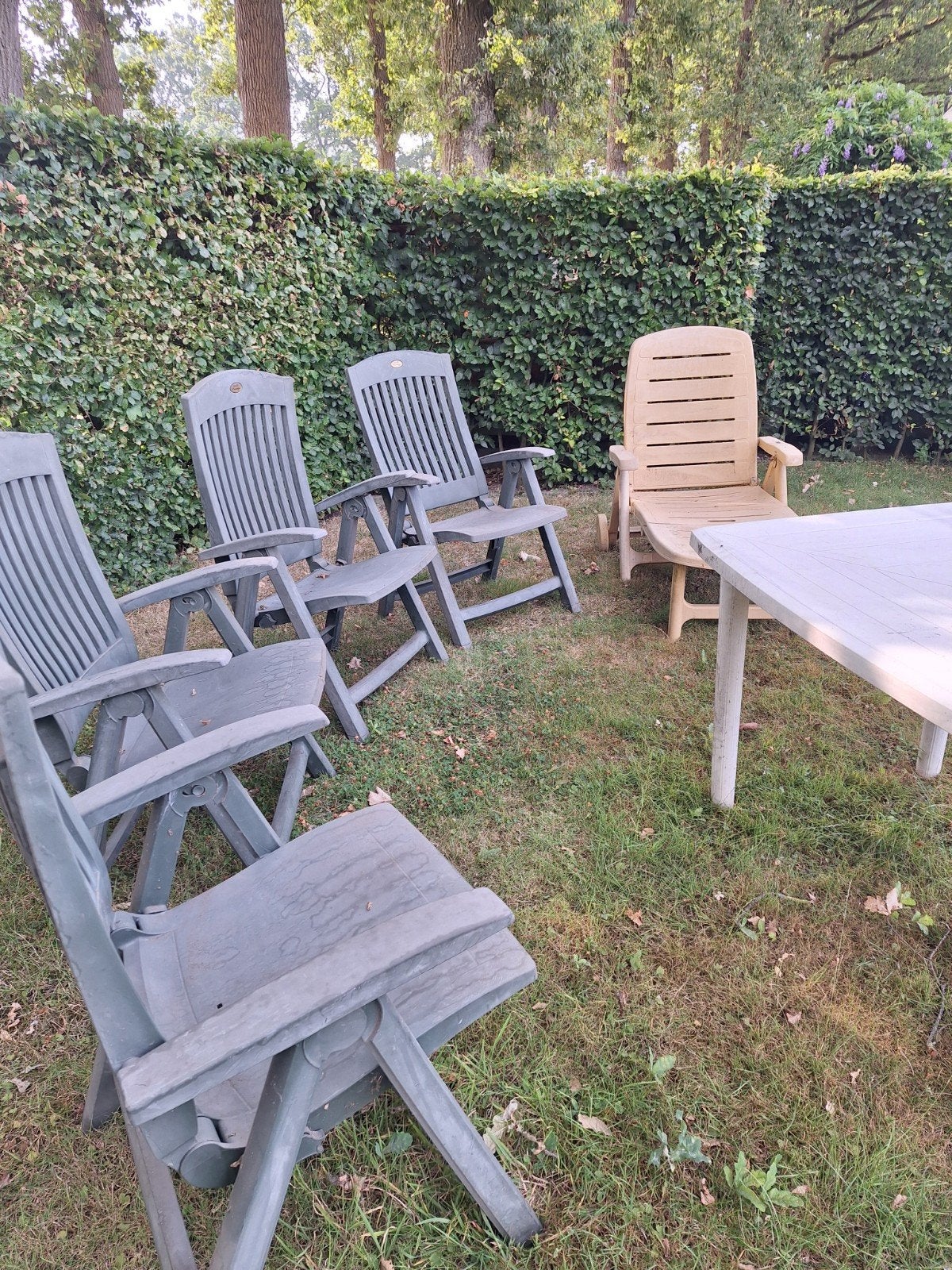 Tuinset: 4 stoelen, 1 ligstoel en tafel (gebruikt), Tuin en Terras, Tuinstoelen, Ophalen, Gebruikt, Kunststof, Verstelbaar