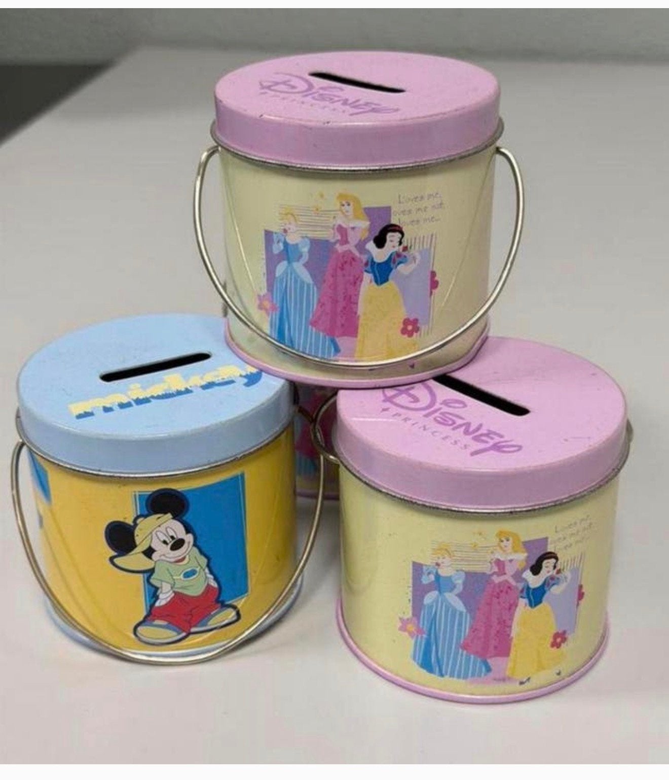 Vintage Disney Spaarpot Set Metaal – 4 Stuks Mickey Princess, Verzamelen, Spaarpotten, Strip- of Tekenfilmfiguur, Ophalen of Verzenden