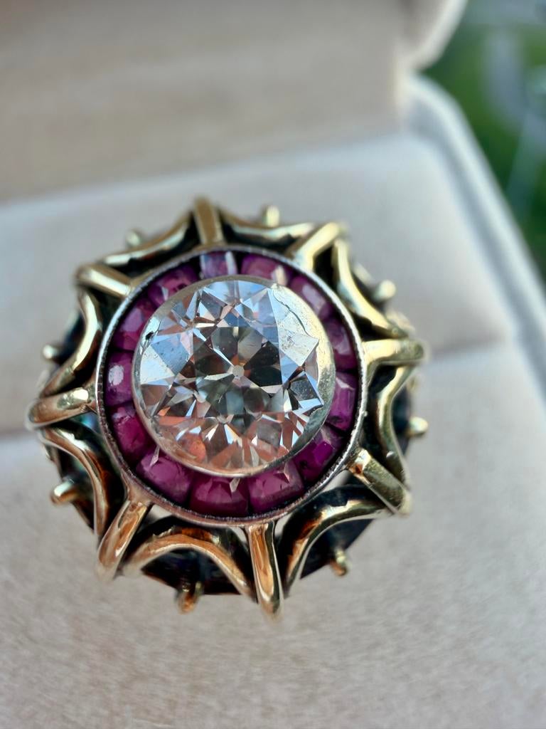 14k Gouden Ring met 1.24ct Diamant en 0.36ct Robijn, Sieraden, Tassen en Uiterlijk, Ringen, Gebruikt, Ophalen of Verzenden, 17 tot 18