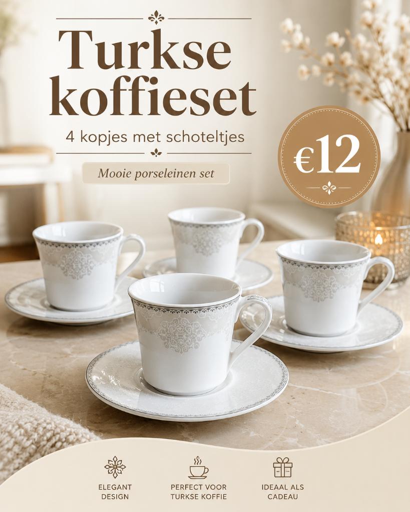 Turkse koffieset – 4 kopjes met schoteltjes, Ophalen of Verzenden