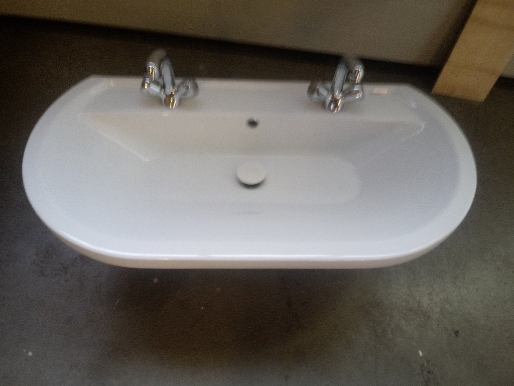 mooie wasbak met 2 kranen en afsluitbare afvoerplug, Ophalen, Gebruikt, Steen, Wastafel