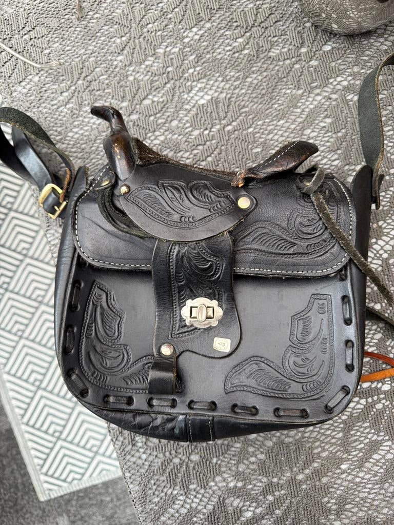 Vintage Unieke Western Zadel Tas - Zwart Leer, Sieraden, Tassen en Uiterlijk, Tassen | Damestassen, Ophalen of Verzenden, Zo goed als nieuw