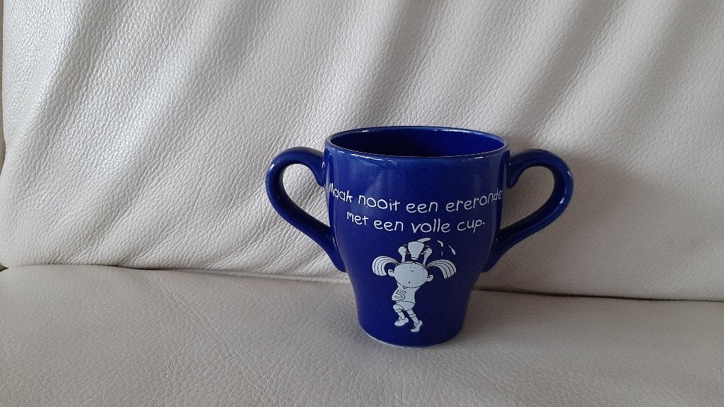 Blauwe mok / beker met 2 oren, Gebruikt, Overige merken, Overige stijlen, Aardewerk