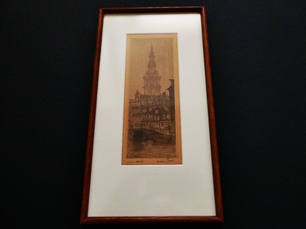Originele ets Anton Pieck Zuiderkerktoren Amsterdam Gesign., Antiek en Kunst, Gesigneerd, 31 cm, Ets, Stadsgezicht