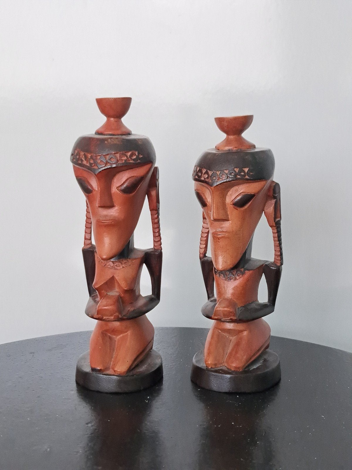 Set van 2 indonesiche houten beelden Toba Batak stam, Hout, Bruin, Ophalen of Verzenden, 15 cm