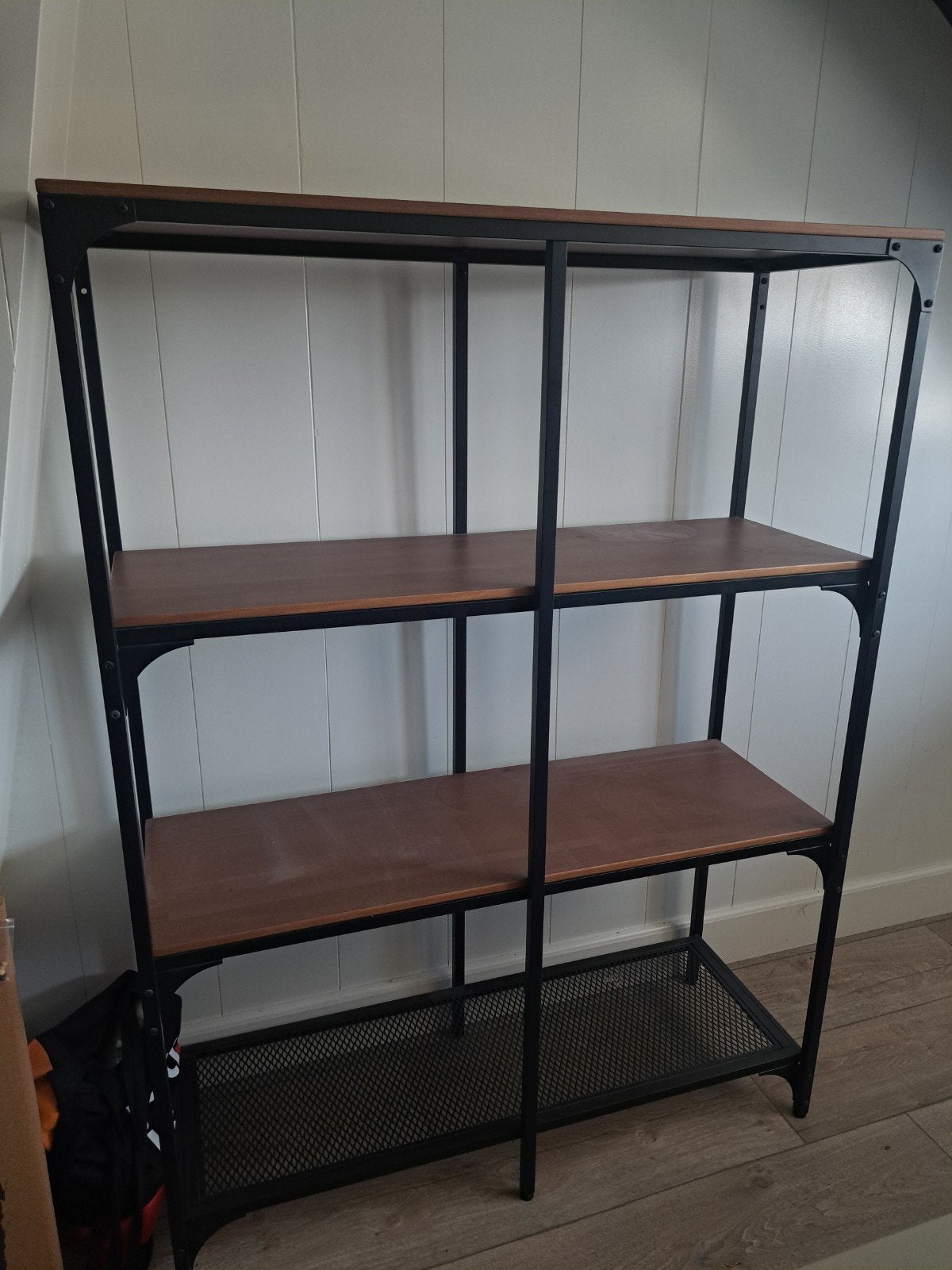 2x FJÄLLBO Stellingkast, zwart metaal en hout, Ophalen, Gebruikt