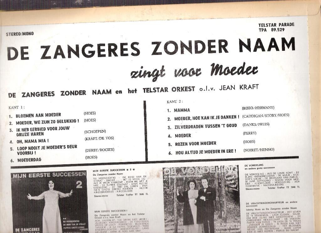 Zangeres Zonder Naam MOEDERDAG LP- Telstar -ook VERZENDEN, Cd's en Dvd's, Vinyl | Nederlandstalig, Ophalen, Gebruikt, 12 inch