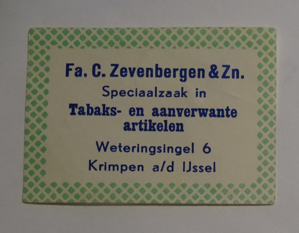 Fa. C Zevenbergen & Zn  Tabaksartikelen   KRIMPEN A D IJSSEL, Ophalen of Verzenden, Zo goed als nieuw, Luciferdoosjes of -merken