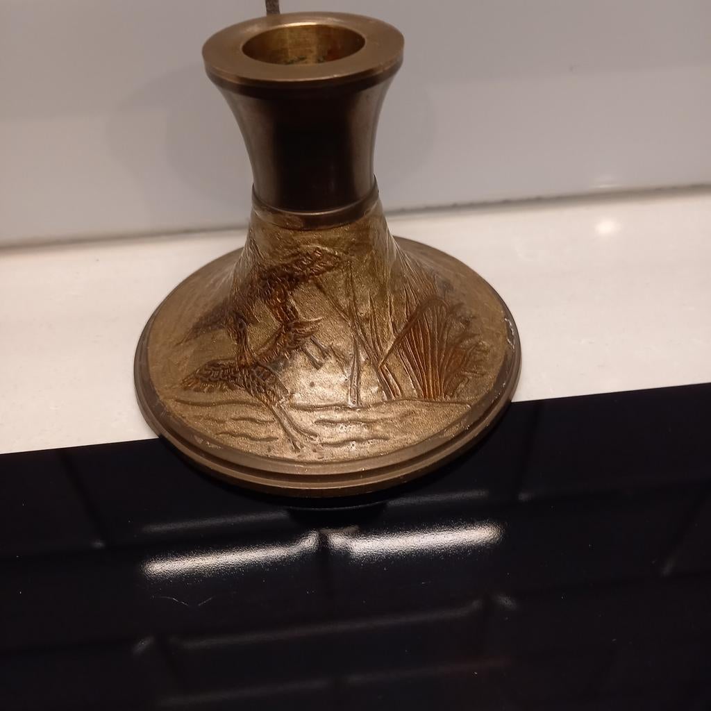 Messing kandelaar met afbeelding oa vogels, Ophalen of Verzenden