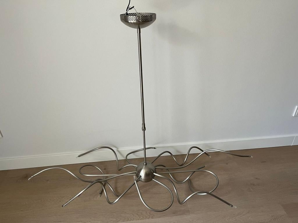 Moderne hanglamp eettafel – mat RVS – 12 armen verstelbaar, Huis en Inrichting, Lampen | Hanglampen, Ophalen, Gebruikt, Modern