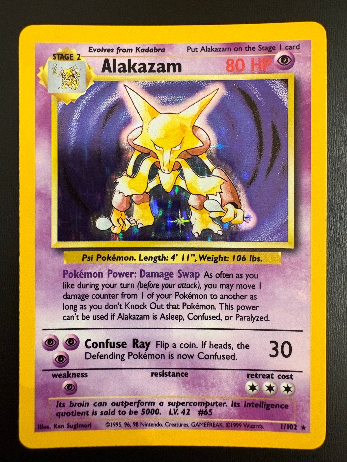 Alakazam Pokémon Kaart - Base Set Holo 1/102, Hobby en Vrije tijd, Ophalen of Verzenden, Gebruikt, Losse kaart, Foil