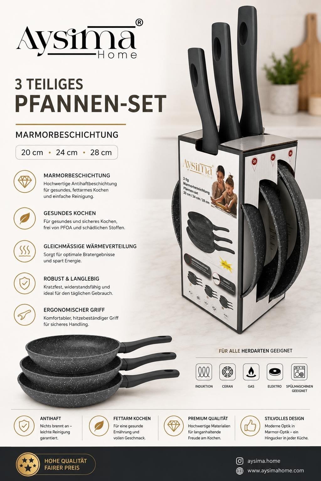 Aysima Home 3-delige Pannenset met Marmercoating, Overige materialen, Nieuw, Pannenset, Ophalen of Verzenden